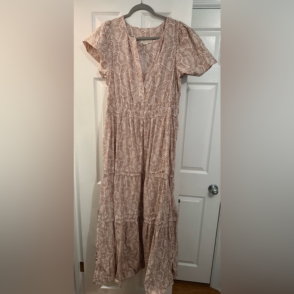 Women's Beige Leaf-Print Puff Sleeve Dress